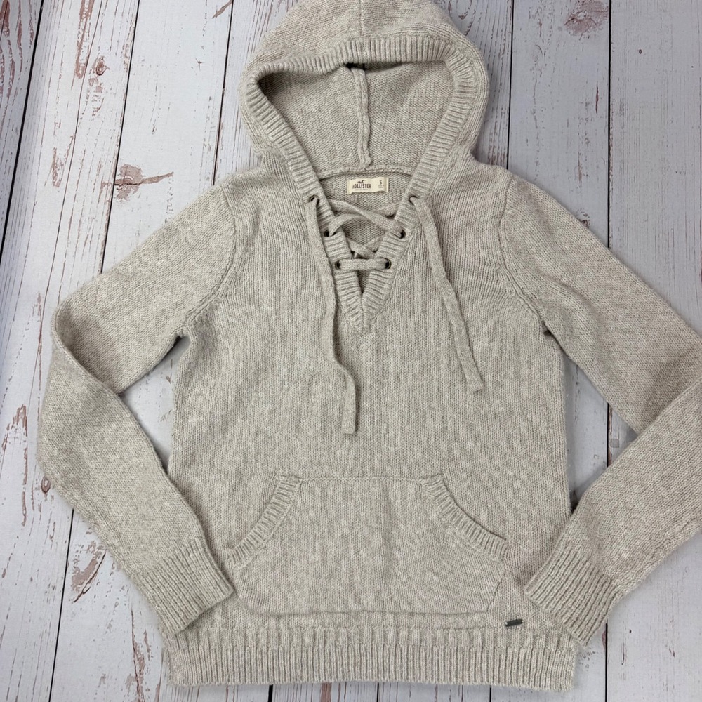 Hollister Womens Lace Up V-Neck Knit Hoodie Sweater Oatmeal Beige Size Small